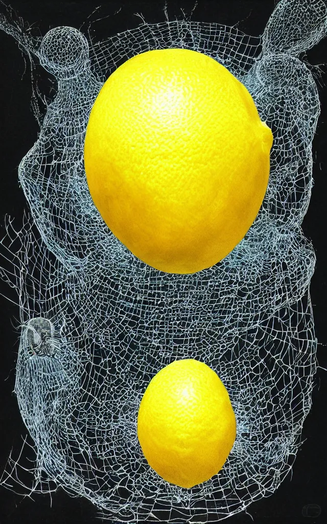 Prompt: big lemon surrounded by giant airbrushed spiders glimmering and drips of water, black background, airbrush fantasy 80s, masterpiece album cover