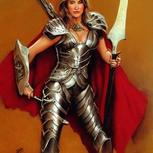 Image similar to portrait of lucy lawless wearing armor and holding sword by frank fazetta, fantasy, barbarian