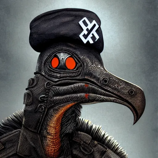 Prompt: a detailed matte painting of a aetherpunk cyborg velociraptor wearing a beret, in nazi occupied france, french resistance, 8 k, artstation, art in a noir crime novel style