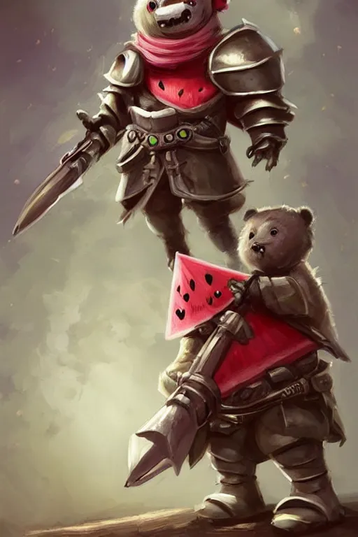 Image similar to cute anthropomorphic watermelon knight wearing a cape and a crown and holding a sniper, tiny, small, miniature bear, baby animal, short, pale blue armor, cute and adorable, pretty, beautiful, DnD character art portrait, matte fantasy painting, DeviantArt Artstation, by Jason Felix by Steve Argyle by Tyler Jacobson by Peter Mohrbacher, cinematic lighting