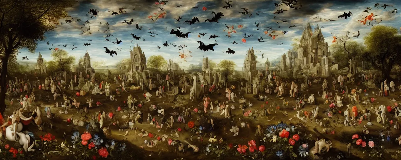 Prompt: 'Life from death' An aesthetic horror baroque landscape painting depicting 'A graveyard with plants and flowers growing, ghosts + bats and crows flying around' by Jan Brueghel the Elder, Trending on cgsociety artstation, 8k, masterpiece, cinematic lighting, highly detailed, vibrant colors.