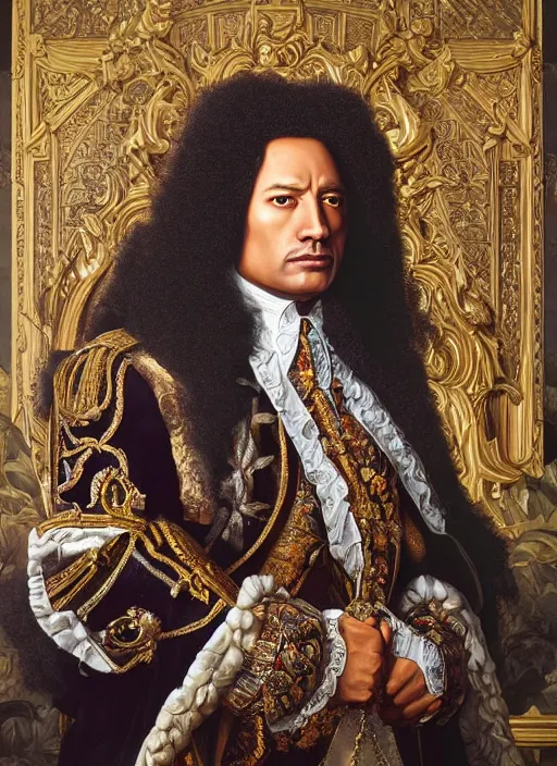 Image similar to beautiful oil painting, portrait of Dwayne the rock Johnson as Louis xiv in coronation robes 1701, Dan Mumford, Dan Mumford, Alex grey, Alex grey, hyacinthe rigaurd, highly detailed, ornate