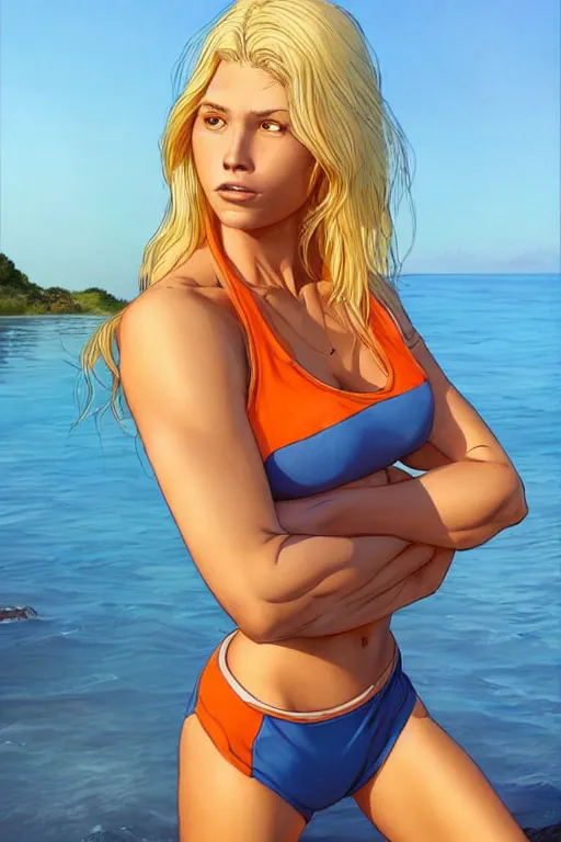 Prompt: a gorgeous hulking beast of a woman with very long hip-length blonde hair, wearing a cut-off white top and orange cut-off shorts standing by the water, in the style of artgerm and moebius and annie liebovitz, marvel comics, photorealistic, highly detailed, trending on artstation
