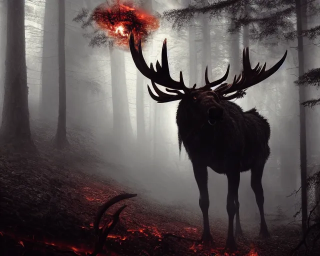 Image similar to 5 5 mm close up portrait photo of an armored demonic fire breathing moose with red eyes and antlers and looking at the camera, in a magical forest. dark atmosphere. art by greg rutkowski and luis royo. highly detailed 8 k. intricate. lifelike. soft light. nikon d 8 5 0.