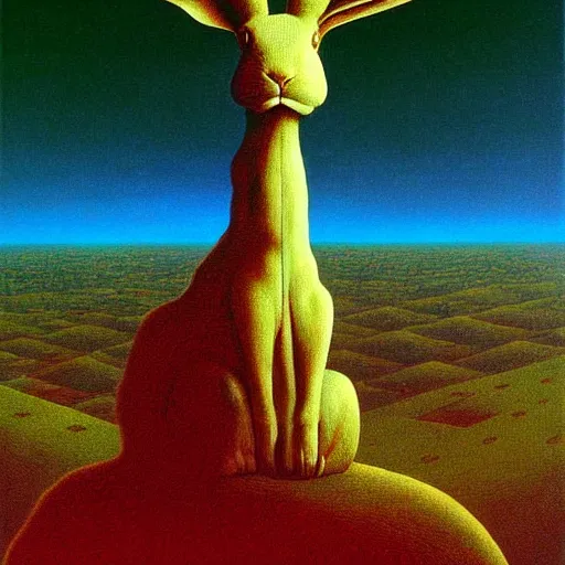 Prompt: a giant rabbit stands over a city painting by beksinski, by larry elmore, dali colors. masterpiece painting