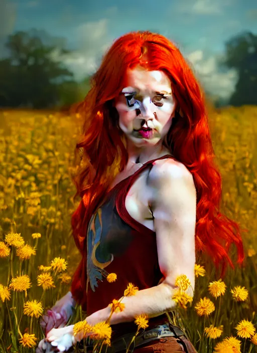 Image similar to An epic fantasy comic book style portrait painting of a young red headed girl with a golden bee tattoo on her shoulder in a field of flowers , unreal 5, DAZ, hyperrealistic, octane render, cosplay, RPG portrait, dynamic lighting