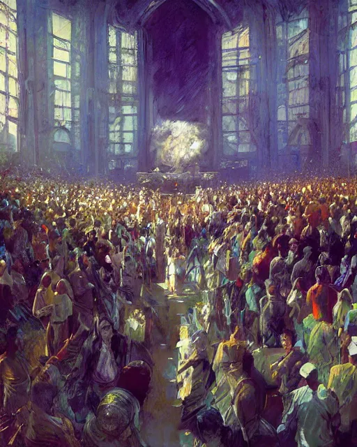 Image similar to craig mullins and moebius painting of a crowd in a futuristic church, priest, pews, ethereal, inviting, bright, unreal engine, hyper realism, realistic shading, cinematic composition, realistic render, octane render, detailed textures, photorealistic, wide shot