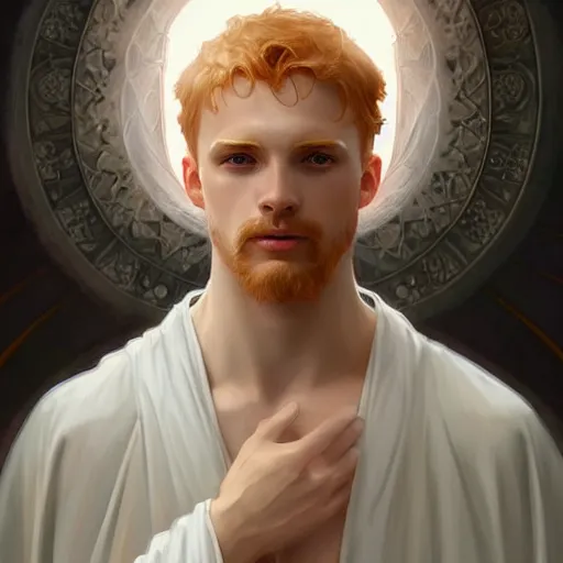 Image similar to beautiful natural male ginger angel wearing white robes, intricate, elegant, highly detailed, digital painting, artstation, concept art, smooth, sharp focus, illustration, art by artgerm and greg rutkowski and alphonse mucha and loish and WLOP