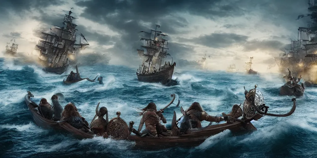 Image similar to An Epic viking sea battle, realistic 4k octane beautifully detailed render, 4k post-processing, highly detailed, intricate complexity, epic composition, magical atmosphere, cinematic lighting, masterpiece, ultra hd