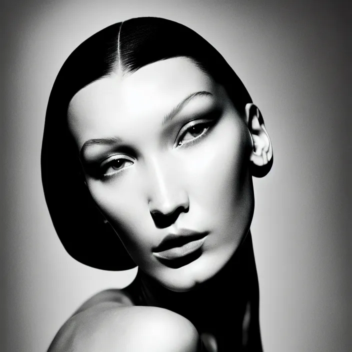 Prompt: photography face portrait of a beautiful woman like bella hadid, black and white photography portrait, skin grain detail, high fashion, studio lighting film noir style photography, by richard avedon, and paolo roversi, nick knight, hellmut newton, nobuyo araki, on a tropical wallpaper exotic patern background