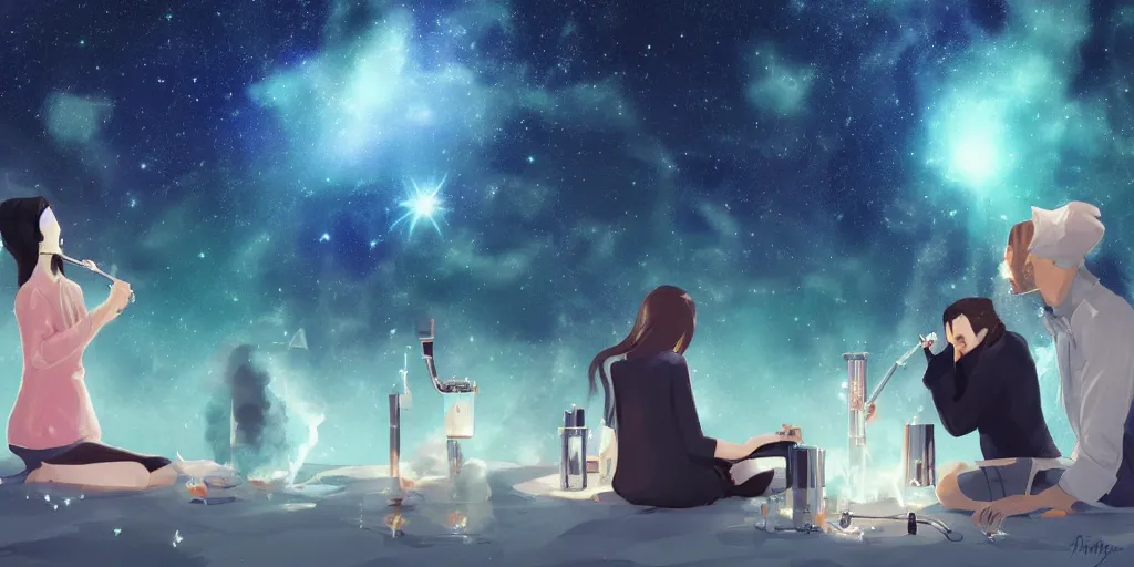 Image similar to digital art, trending on artstation, androids smoking hookahs while looking at the sky full of stars