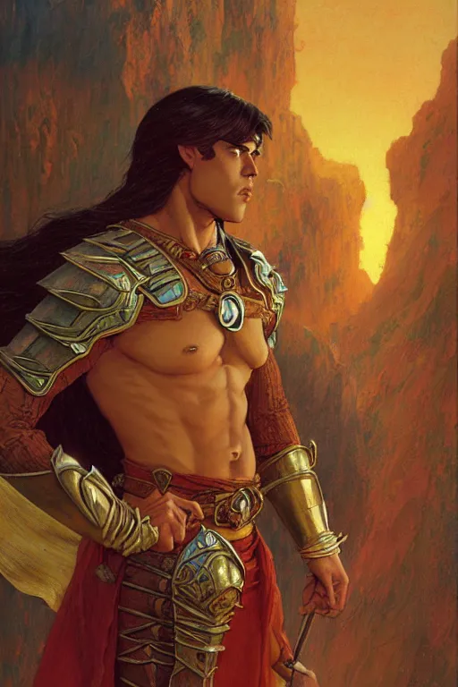 Image similar to tales from earthsea, attractive beefy male with armor, character design, dynamic lighting, cool and bright tint, painting by gaston bussiere, craig mullins, j. c. leyendecker, tom of finland