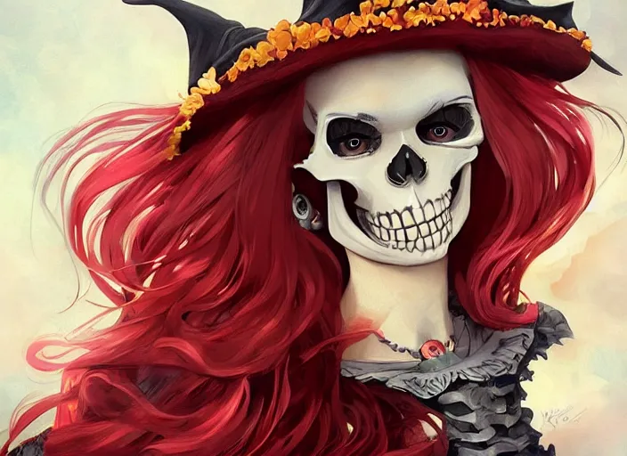 Image similar to cute & beautiful smug smiling mexican undead skeleton girl with red hair dressed as a witch, elegant, digital art, fantasy, pixar style, painting, pin up, highly detailed, artstation, art by artgerm, vrubel, boris vallejo and ilya kuvshinov