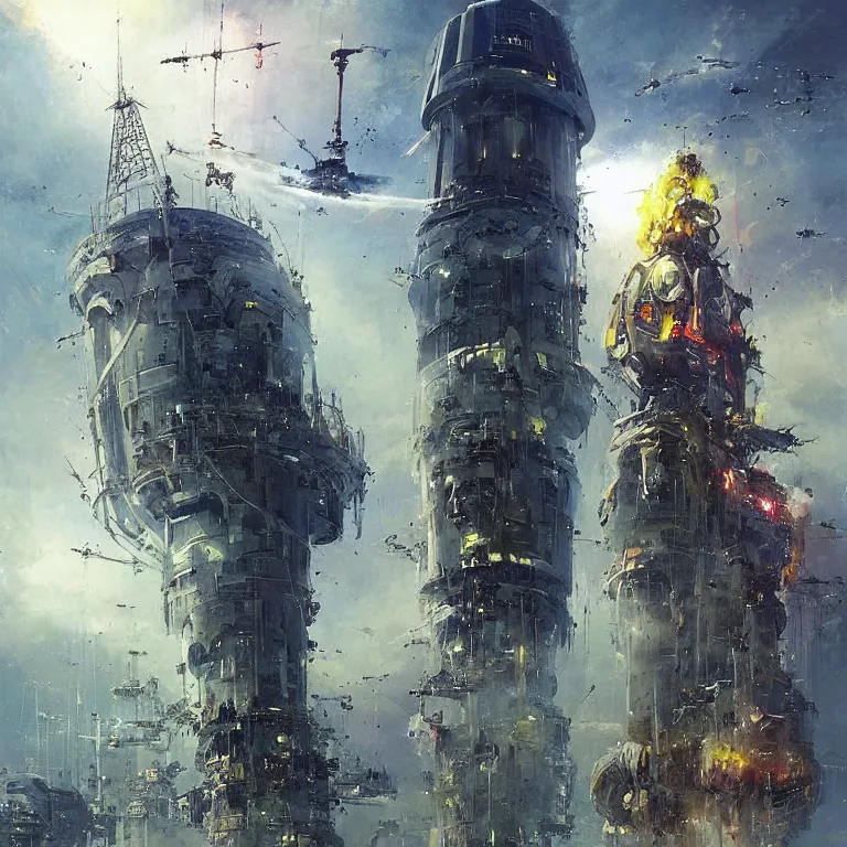 Image similar to “a giant spaceship crashing into a large futuristic water tower, sci-fi concept art, by John Harris, by John Berkey, hyper realistic painting”