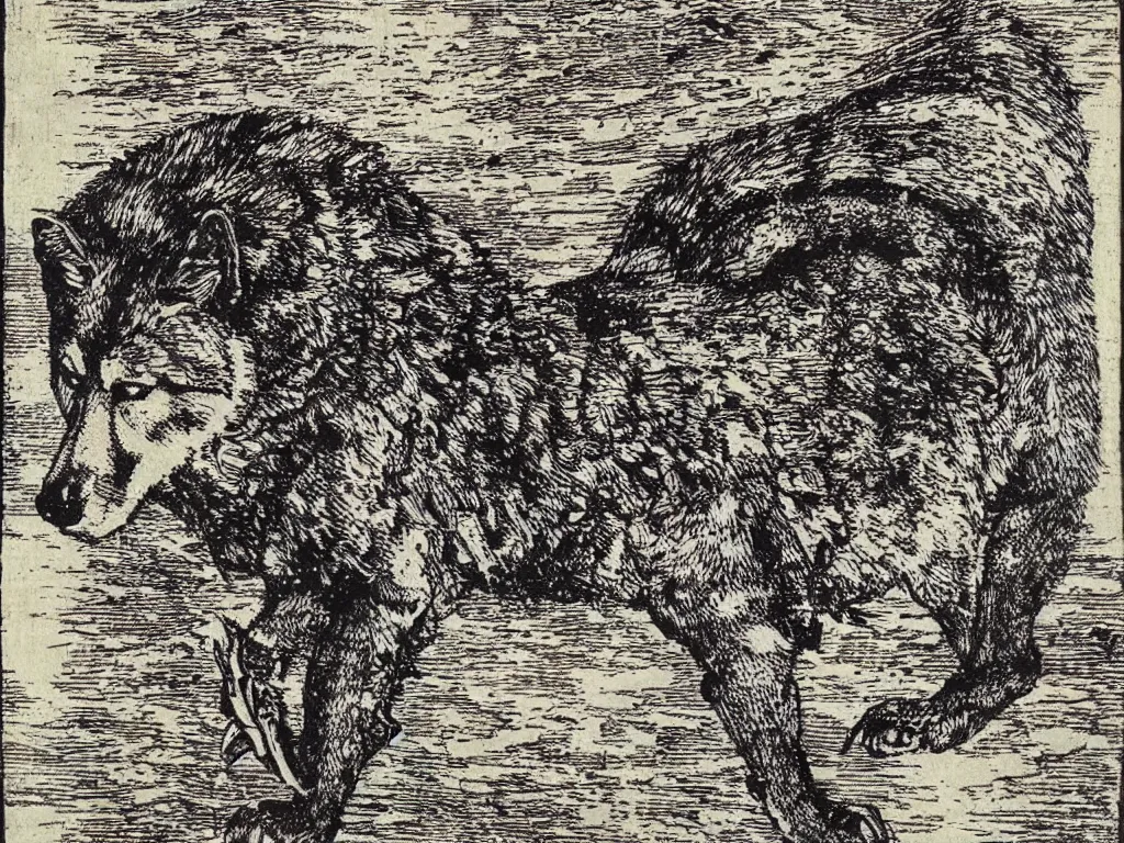 Image similar to wolf in heavy rainstorm. woodcut by albrecht durer, salvador dali