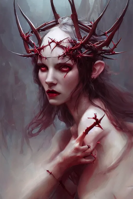 Prompt: Portrait of beautiful pale succubus maiden with crown of thorns, and devil's horns, red lighting, digital art by Ruan Jia and Mandy Jurgens and Artgerm, highly detailed, trending on artstation, award winning,