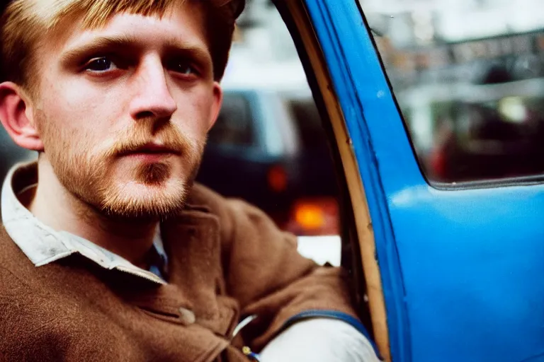 Image similar to candid photo of a Caucasian man sat in back of a UK taxi, Kodak Portra 400,8K,highly detailed: beautiful perspective extreme closeup portrait photo in style of 2000s retrofuturism, photography fashion edition, tilt shift, highly detailed, focus on man ;blonde hair;blue eyes, clear eyes, soft lighting