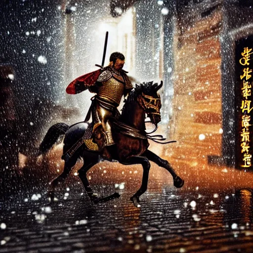 Image similar to close up macro shot of a roman general riding a horse fighting a samurai with swords on wet tokyo street at night, intricate, hyper detailed, smooth, dramatic lighting, cinematic