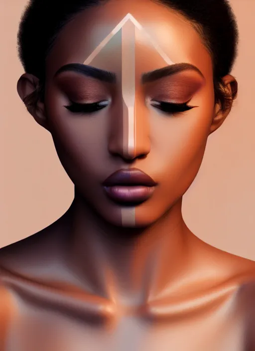 Image similar to beautiful female, attractive facial features, brown skin, haze, model, intricate, symmetrical face, makeup, sephora, maybelline, studio, reflections, cinematic, filmic, vsco, concept art, artstation, elegant, model, gorgeous, vray, flim, octane render, ambient occlusion, prism details