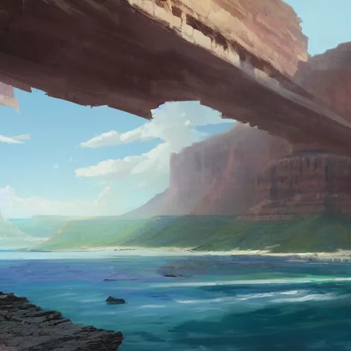 Image similar to concept art painting of a wide grand canyon with ocean inside, giant river, with unfinished bridge under construction, realistic, detailed, cel shaded, in the style of makoto shinkai and greg rutkowski and james gurney