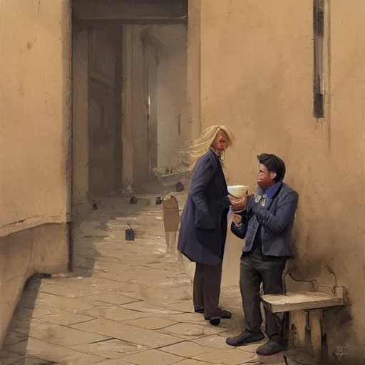 Image similar to a blonde woman & Michael mcintyre searching for food in Porto, greg rutkowski