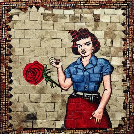 Prompt: rosie the riveter joined the communists, red rose, antifa, on roman mosaic, by Banksy