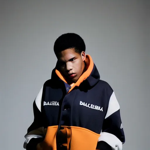 Prompt: realistic photoshooting for a new balenciaga lookbook, color film photography, portrait of a beautiful woman, model is wearing a varsity jacket, in style of tyler mitchell, 3 5 mm,