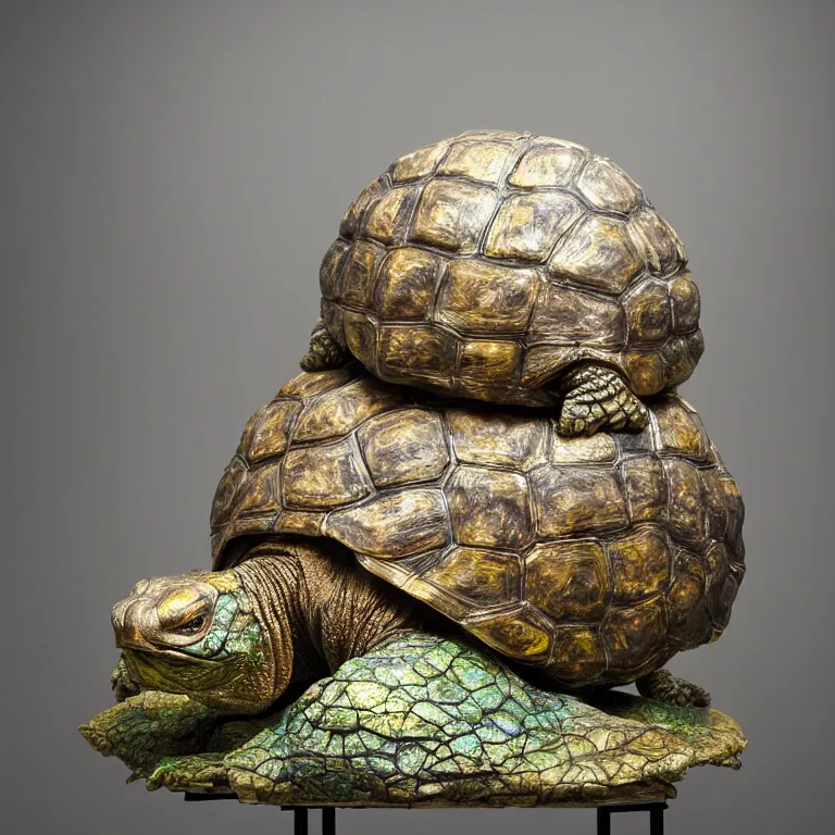 Prompt: hyperrealistic sculpture of a bronze fossilized moss tortoise dusted with iridescent spraypaint in a grid cage on a pedestal by ron mueck and duane hanson and lee bontecou, hyperrealistic dramatic colored lighting trending on artstation 8 k