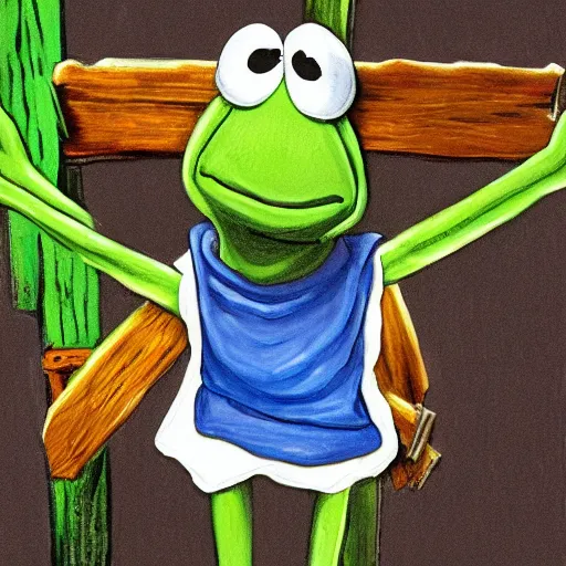 Prompt: Painting of Kermit the Frog from Sesame Street as Jesus Christ being crucified