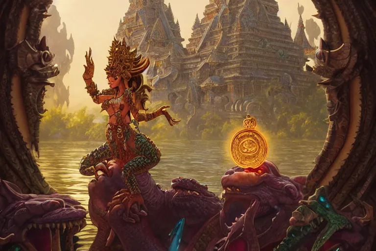 Image similar to crocodile god temple adorned with gemstones and treasures, deep focus, d & d, fantasy, intricate, elegant, highly detailed, digital painting, artstation, concept art, matte, sharp focus, illustration, hearthstone, art by artgerm and greg rutkowski and alphonse mucha