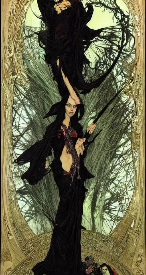 Prompt: sorceress, wearing a black cloak, with messy black hair, gothic, lace, standing in a surreal dreamscape by Gerald Brom and Dave McKean and Alphonse Mucha,