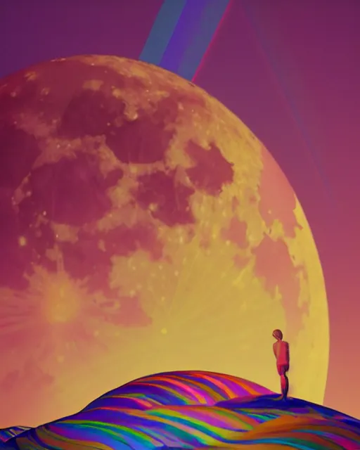 Prompt: the most beautiful sunset, giant pink full moon, coherent design, symmetrical, concept art, vivid color, complementary color, golden ratio, detailed, sharp lines, intricate, rainbowshift, by maxfield parrish, by sahm, by mc escher octane render