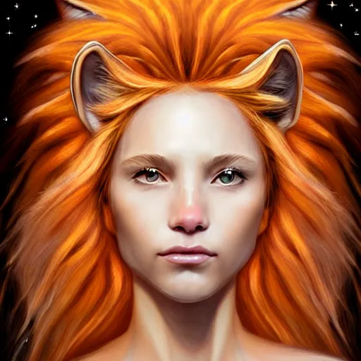 Image similar to Portrait of a girl angel with pale orange colored frizzy strands of illuminated hair, Lion essence, cat ears on her head, glowing halo, Lion's Mane, Cosmic, Lion's Gate, 8/8, fantasy, intricate, elegant, highly detailed, digital painting, artstation, concept art, smooth, sharp focus, illustration, art by Krenz Cushart and Artem Demura and alphonse mucha