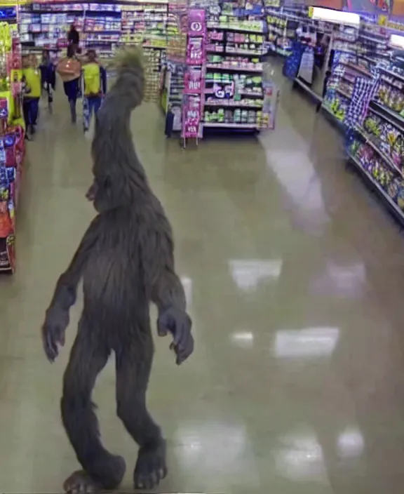 Image similar to cctv capture of bigfoot in a walmart looking for bananas