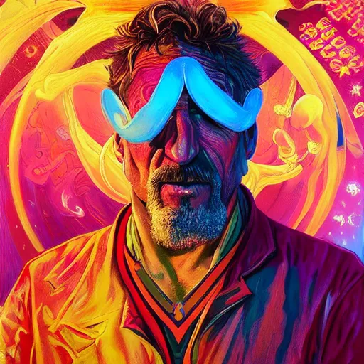 Image similar to John McAfee an extremely psychedelic experience, colorful, surreal, dramatic lighting, cosmonaut, LSD, face, detailed, intricate, elegant, highly detailed, digital painting, artstation, concept art, smooth, sharp focus, illustration, art by Sam Spratt, Dan Mumford, Artem Demura and Alphonse Mucha
