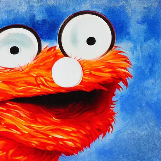 Prompt: Disturbing painting of Elmo wearing Cookie Monster's face and looking in the mirror