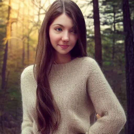 Image similar to real life photo of a beautiful girl, full body photoshoot, long brown hair, brown eyes, full round face, short smile, wool sweater, forest setting, cinematic lightning, medium shot, mid - shot, highly detailed, trending on artstation, unreal engine 4 k, 8 0 mm, 8 5 mm, cinematic wallpaper