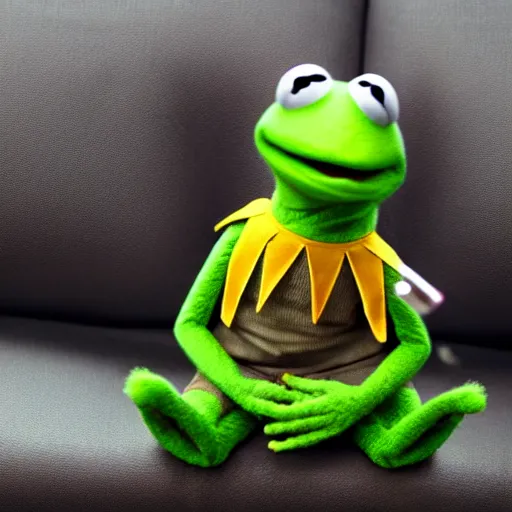 Image similar to candid photo of kermit the frog sitting on the couch smoking out of a bong, kermit the frog in ted ( 2 0 1 2 ) bong rip, kermit the frog, high resolution photo, trending on artstation, interior design, bong rip,