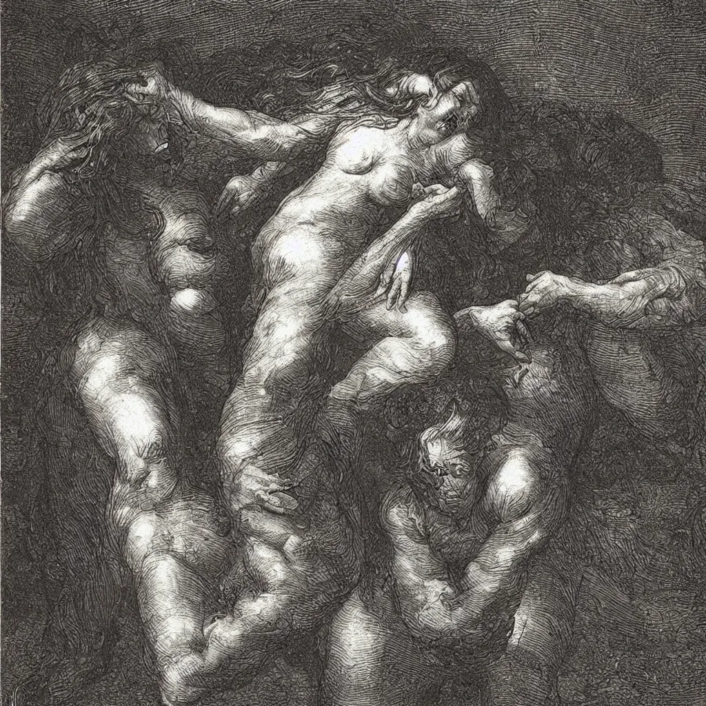 Image similar to close up of a woman cyring and rage, gustav dore