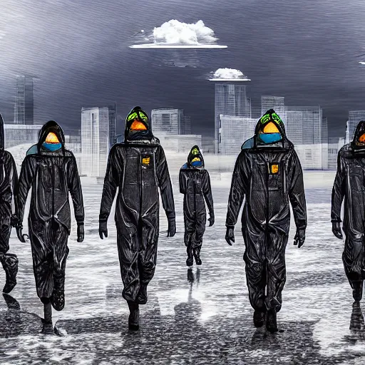 Image similar to a surreal landscape with towers in a harsh environment, a group of figures dressed in biohazard suits are walking, digital art