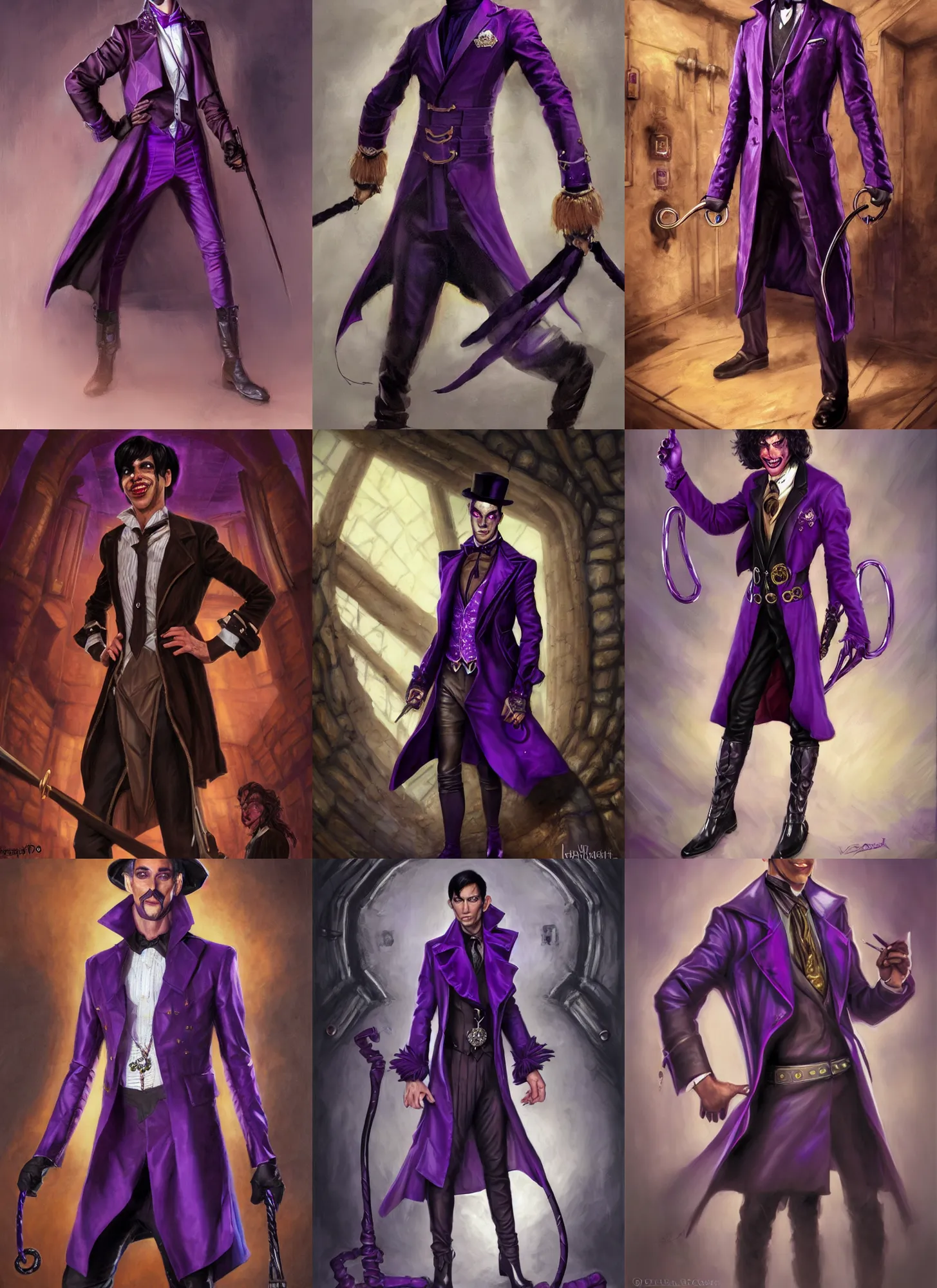 Prompt: portrait, a slender ringleader with tan skin, wearing purple and black ringleader attire, well dressed purple ringleader trenchcoat, nefarious smirk, black hair, trickster, goatee, style by donato giancola, wayne reynolds, jeff easley dramatic light, high detail, cinematic lighting, artstation, dungeons and dragons