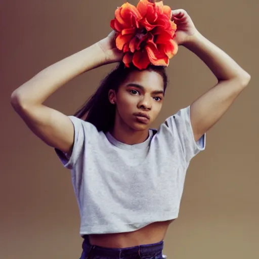 Prompt: realistic! photoshoot for a new nike lookbook, color film photography, portrait of a beautiful woman, woman got a flower in her hair, in style of tyler mitchell, 35mm