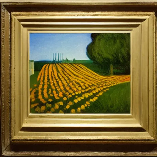 Image similar to an oil painting of a sunflower field is on fire in midnight by edward hopper