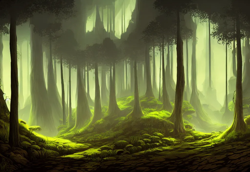 Image similar to blurry view of the background of a forest that has an endless pit in the bottom of the image, stylised painting, visible brush strokes, forest, medieval architecture, dynamic lighting, aesthetics, smooth, d & d, fantasy, asymmetrical, intricate, elegant, matte painting, illustration