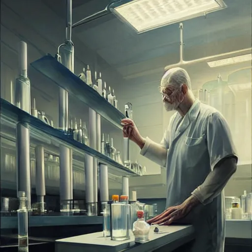 Prompt: epic masterpiece of cinematographic hyperrealism where a scientist appears in a laboratory. realistic shaded lighting poster by craig mallismo, artgerm, jeremy lipkin and michael garmash, unreal engine, radiant light, detailed and intricate environment, digital art, art station trends