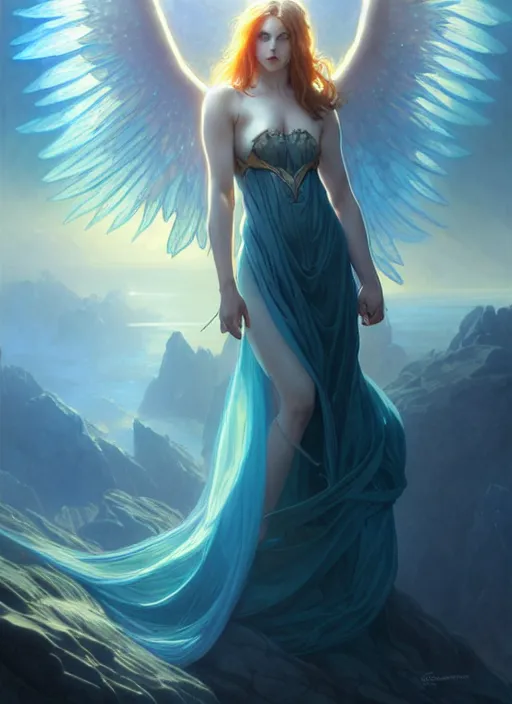 Image similar to a beautiful cinematic female archangel queen, fantasy sea landscape, fantasy magic, short aqua blue black fade hair, dark light night, intricate, elegant, sharp focus, illustration, highly detailed, digital painting, concept art, matte, art by WLOP and Artgerm and Greg Rutkowski and Alphonse Mucha, masterpiece