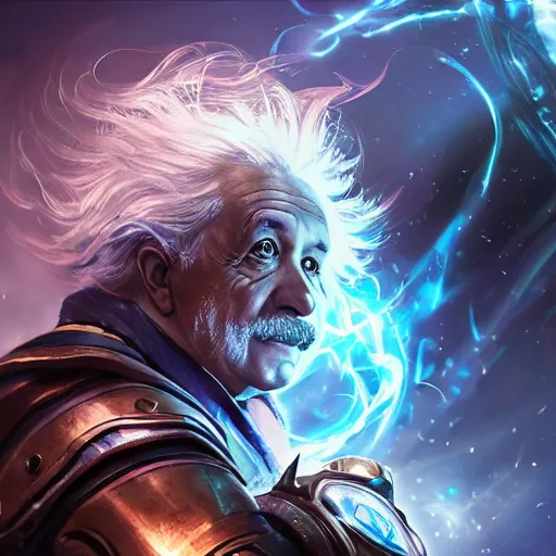 Image similar to Portrait of Albert Einstein as a spellcaster, League of Legends amazing splashscreen artwork, Gears of War, splash art,natural light, elegant, photorealistic facial features, intricate, fantasy, detailed face, atmospheric lighting, anamorphic lens flare, cinematic lighting, league of legends splash art, hd wallpaper, ultra high details by Greg rutkowski