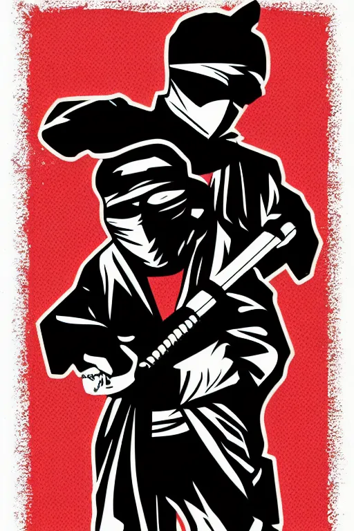 Image similar to a vector based illustration about a gangster ninja the style of pop art, negative space is mandatory, no gradients, black ink on white background, smooth curves, vector spline curve style