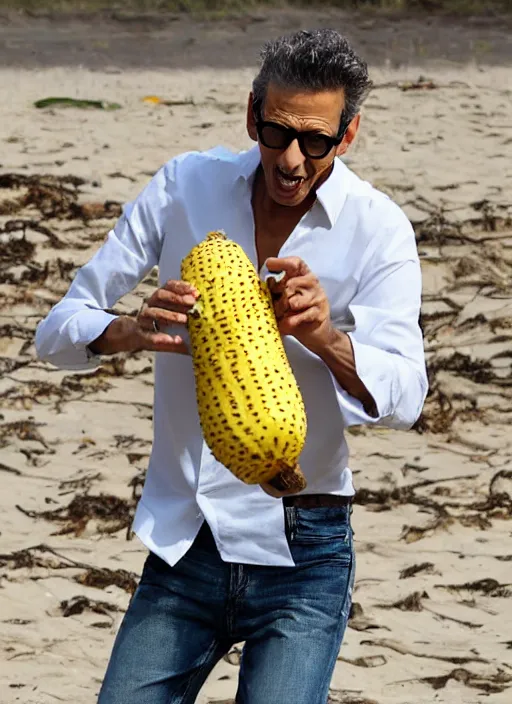 Image similar to jeff goldblum playing maraca pineapple as a banana on the beach