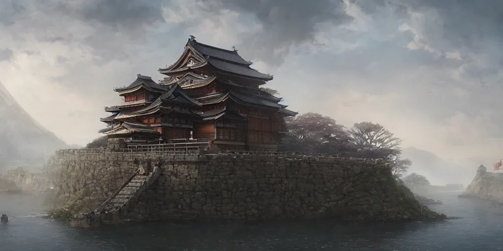 Image similar to japan middle age, giant fortress with cannons guarded by samurais, is built on a strong old wooden bridge, giant goddess with swords, morning, matte painting, concept art, james gurney, greg rutkowski, unreal engine, artstation, john howe